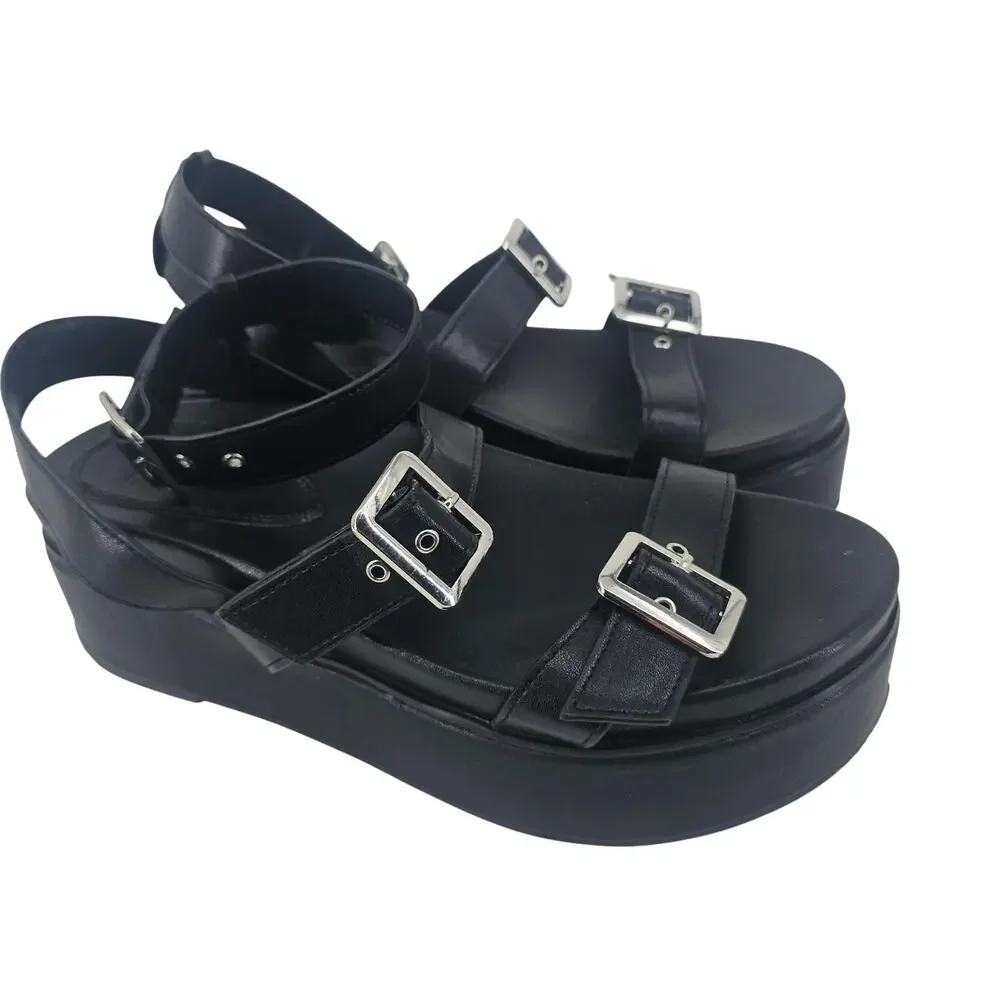 ASOS Black Trombone Platform Chunky Strappy Buckle Sandal Women's 8 Goth Punk - Picture 2 of 10